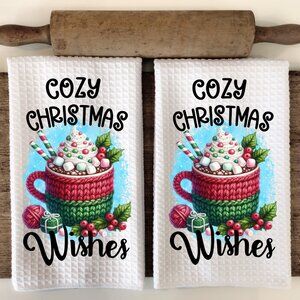 Holiday Kitchen Towel Set, Cozy Christmas Dish Towels,  Hot Cocoa Tea Towel